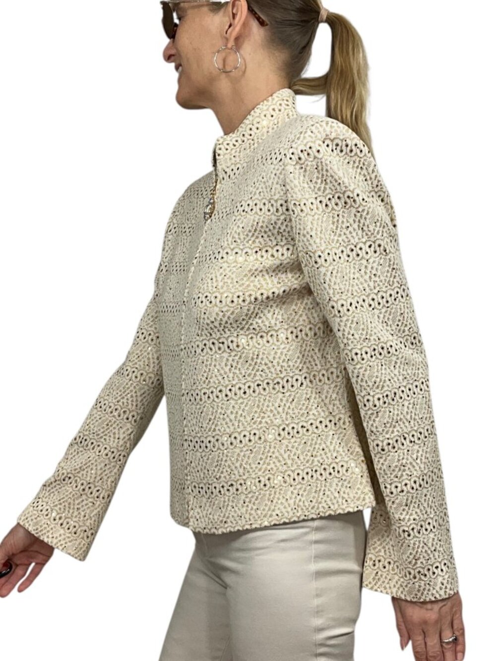 St. John Evening Vintage Embellished Knit Jacket 8 Cream Gold Zipper Front - Picture 4 of 16